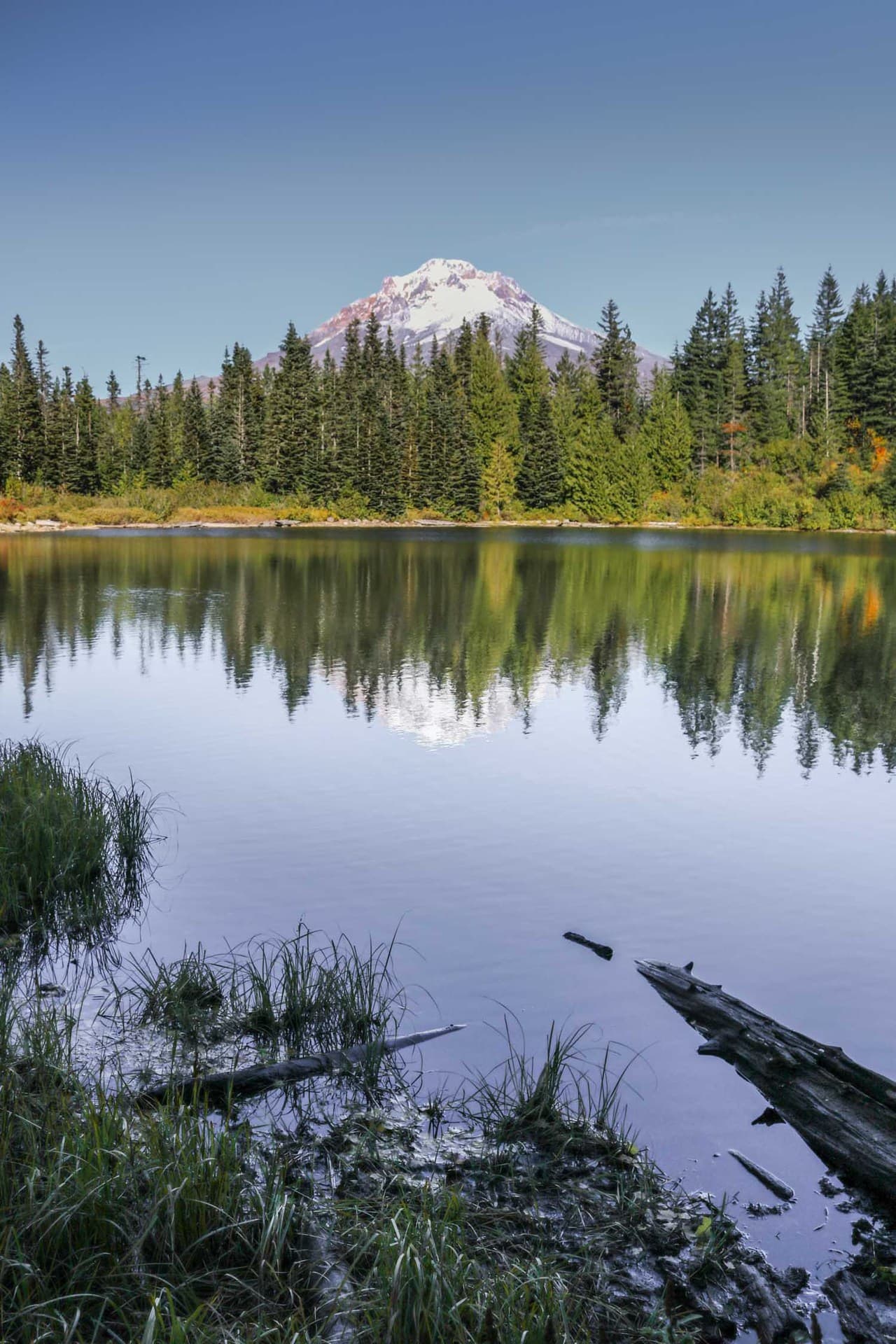Mount Hood reflection in Mirror Lake on trail toward Tom, Dick and Harry Mountain, Oregon