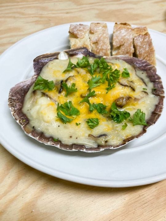 White fish gratin in seashells recipe with baguette slices