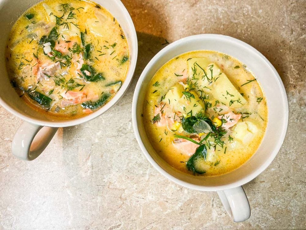Wild salmon chowder recipe with potatoes, spinach and dill