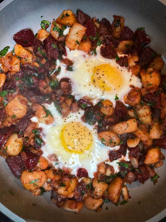 Acadia National Park-inspired red flannel hash recipe with beets, potatoes and eggs