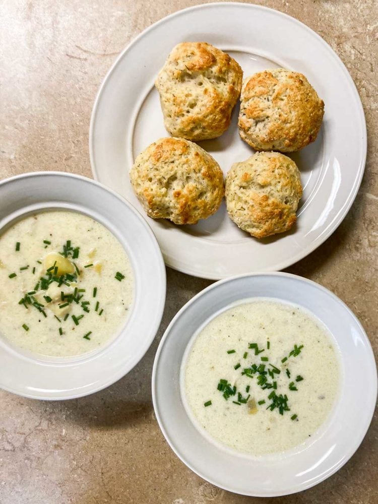 Cape Cod inspired New England cod chowder recipe with thyme drop biscuits