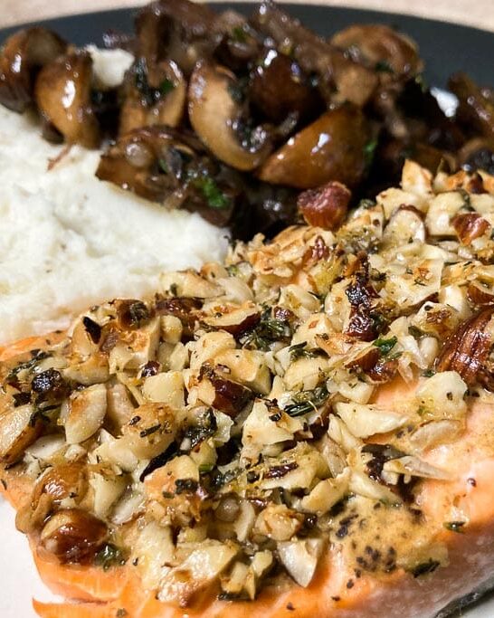 Hazelnut crusted coho salmon recipe with mushrooms and mashed potatoes
