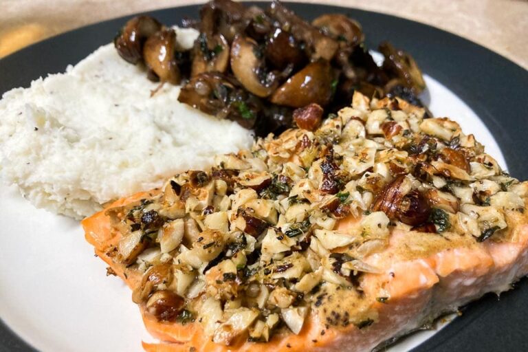 Hazelnut crusted coho salmon recipe with mushrooms and mashed potatoes