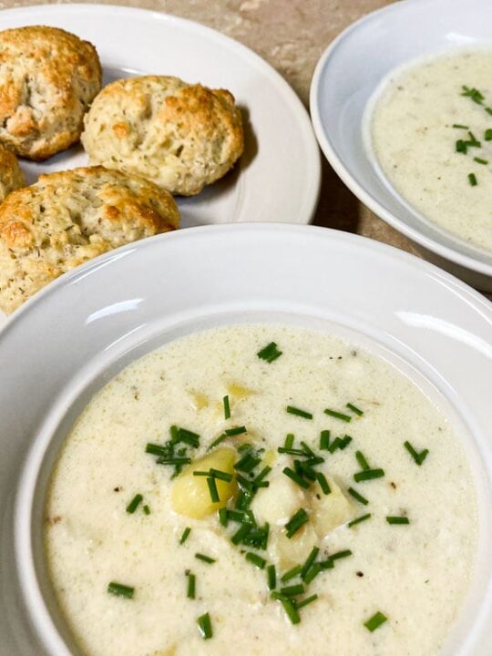 New England cod chowder with thyme drop biscuits recipe
