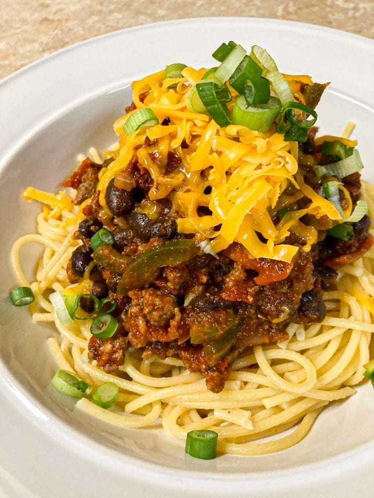 Wild Western spaghetti with bacon, beef, beans, sundried tomatoes, whiskey and beer