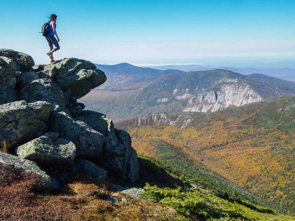 Day hiker on the Appalachian National Scenic Trail in the White Mountains, New Hampshire, New England