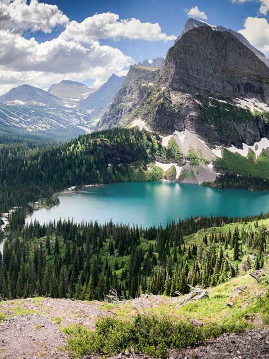 View of Grinnell Lake from Grinnell Glacier Trail in Glacier National Park, Montana