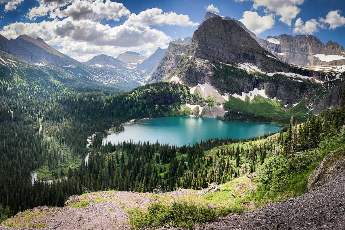 View of Grinnell Lake from Grinnell Glacier Trail in Glacier National Park, Montana