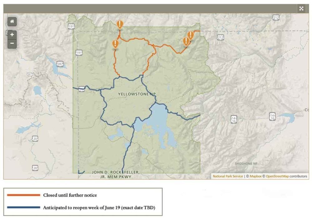 Map of road closures in Yellowstone National Park due to flood damage - Image Credit NPS