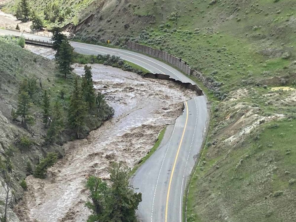 North Entrance Road in Yellowstone National Park washed away by historic flooding - Photo Credit NPS Doug Kraus