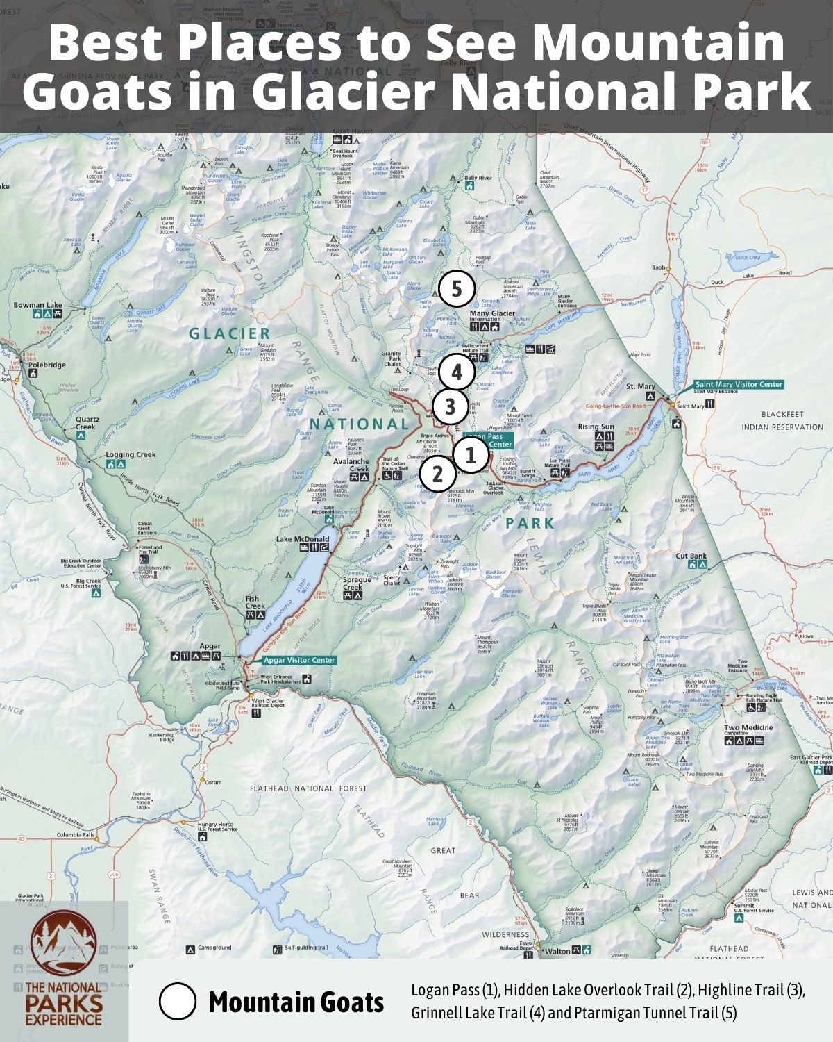 Map of the Best Places to See Mountain Goats in Glacier National Park, Montana