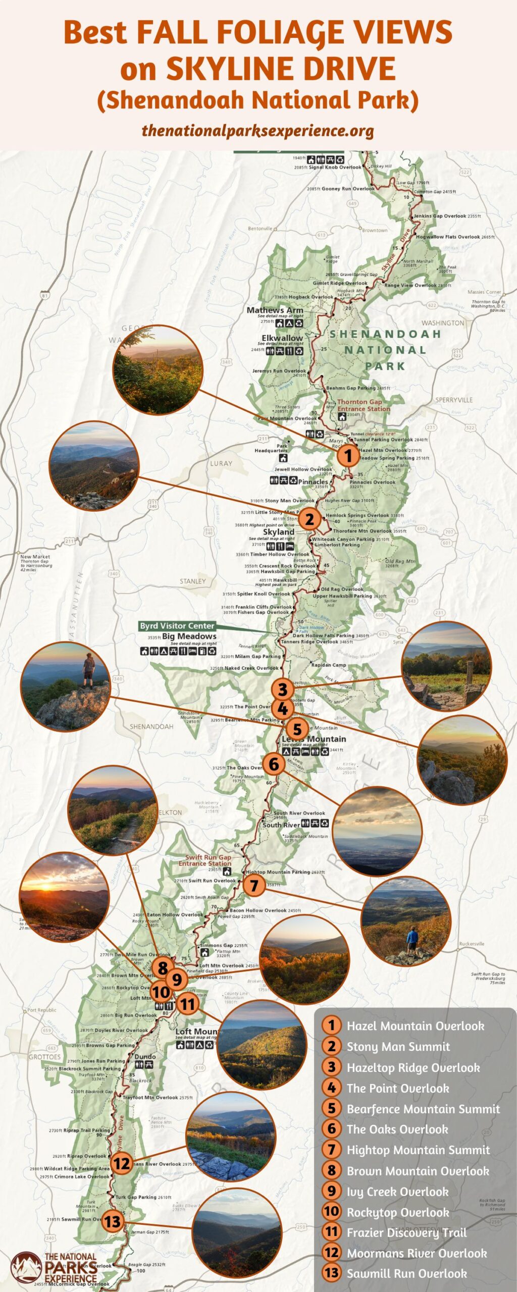 Map of the Best Places for Fall Colors on Skyline Drive, Shenandoah National Park