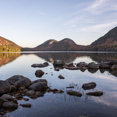 Sunrise at Jordan Pond in fall, Acadia National Park, Maine