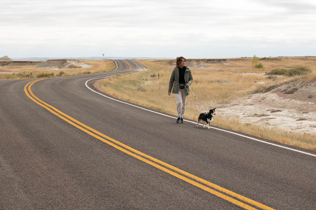Dog and owner walking on Conata Road, Badlands National Park, South Dakota