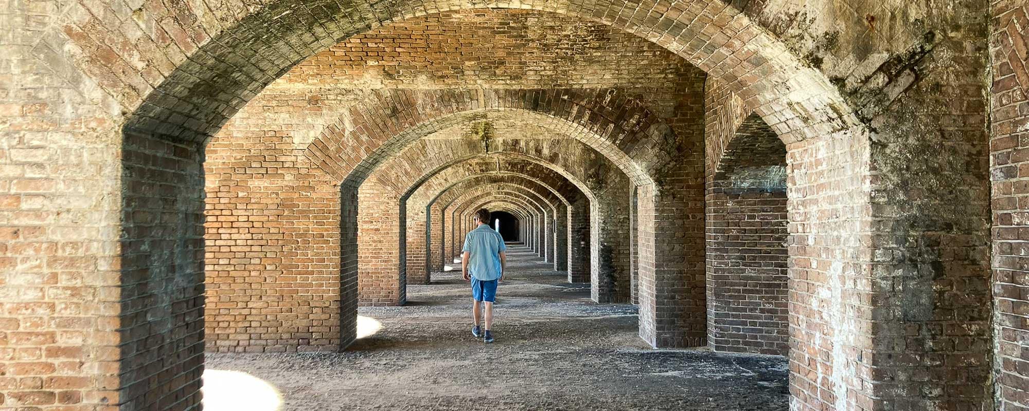 Visitor walking on second level of Fort Jefferson, Dry Tortugas National Park, Florida