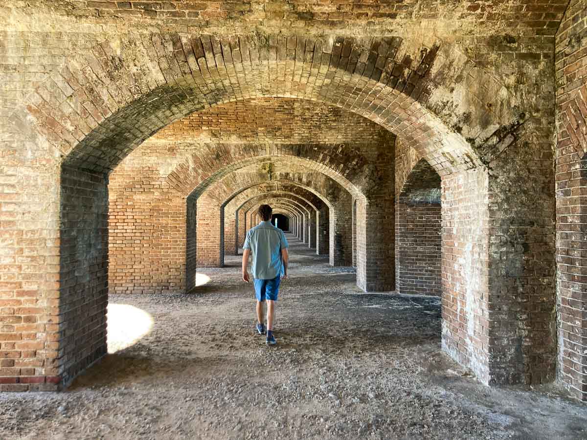 Visitor walking on second level of Fort Jefferson in Dry Tortugas National Park, Florida