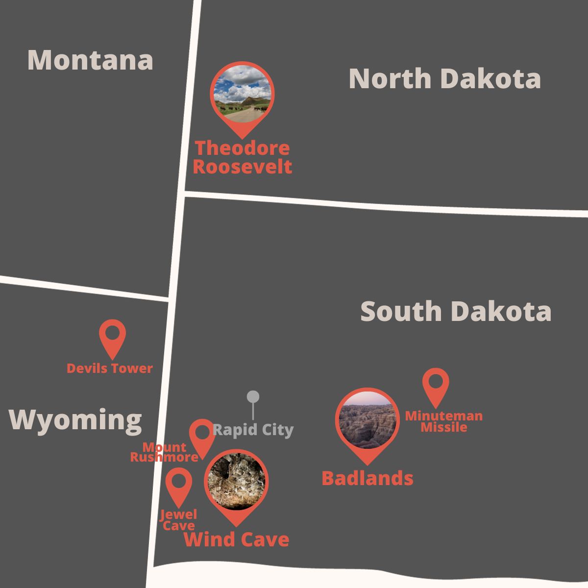 North and South Dakota National Parks Road Trip Map