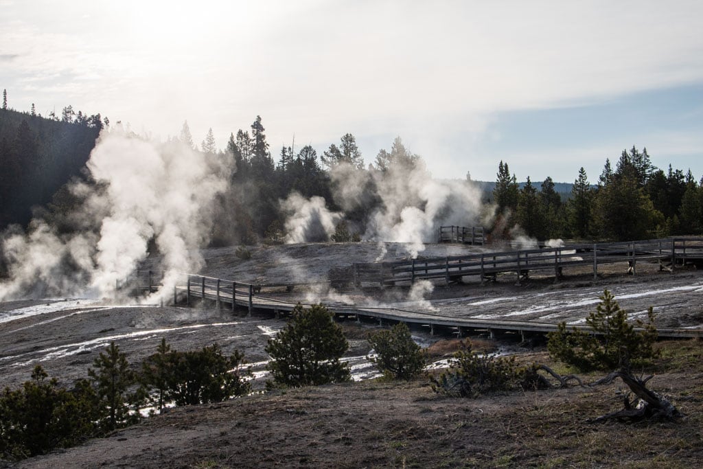 Upper Geyser Basin boardwalks and steam in the morning, Yellowstone National Park