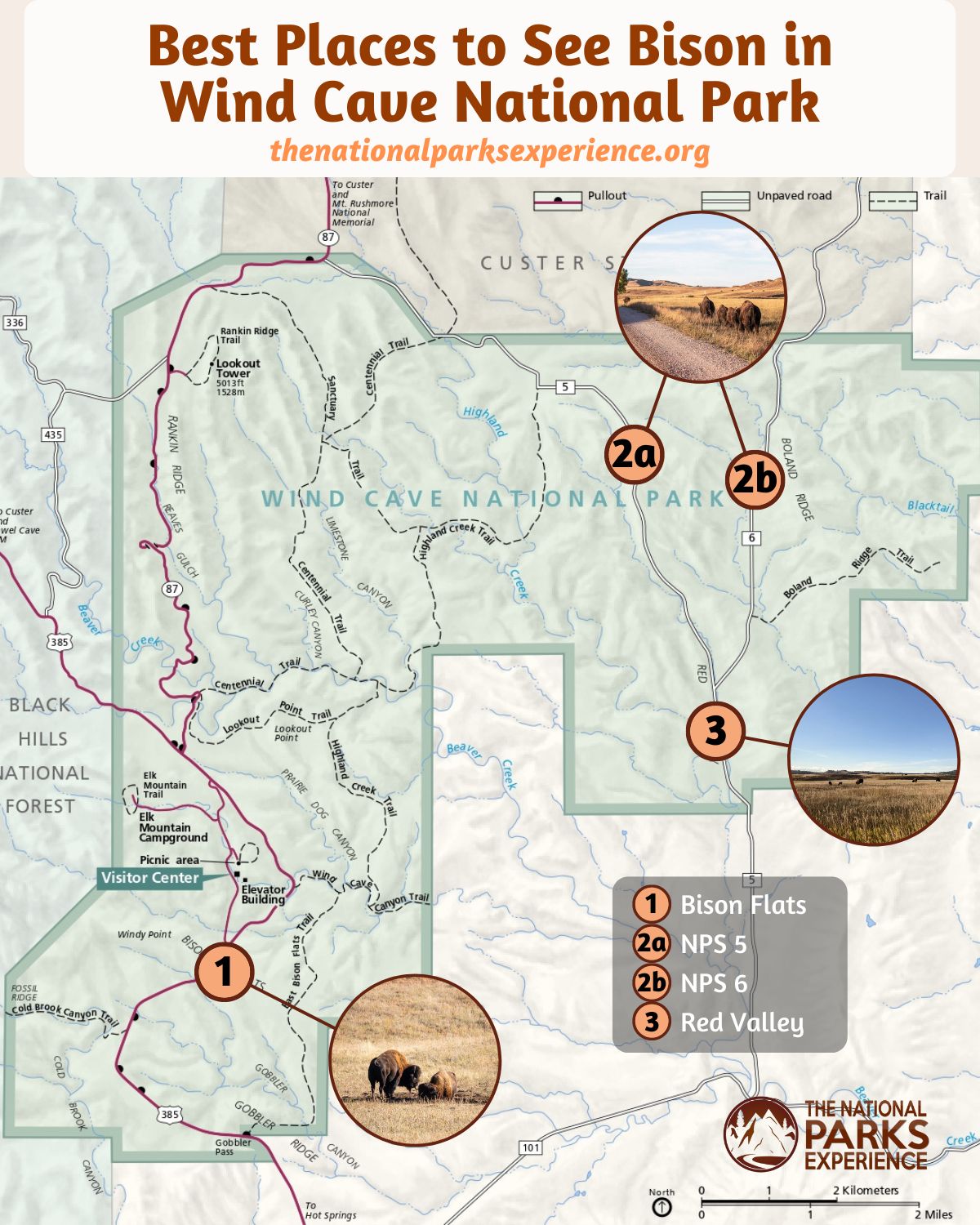 Map of the Best Places to See Bison in Wind Cave National Park