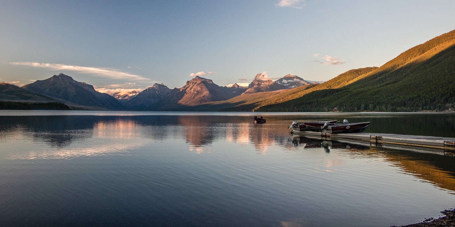 Panoramic sunset views at Lake McDonald on Going-to-the-Sun Road, Glacier National Park, Montana