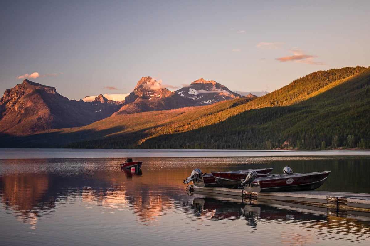 Sunset at the boat ramp at Lake McDonald, Glacier National Park, Montana