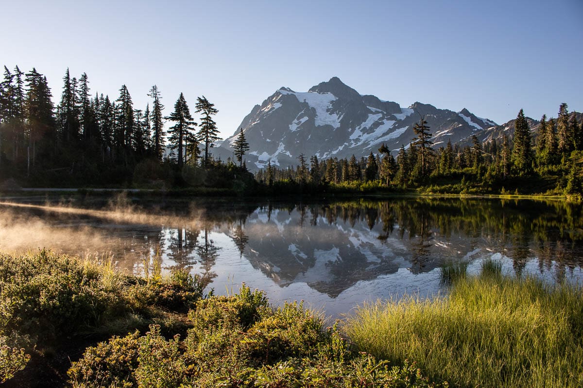 First light at Picture Lake with Mount Shuksan view, Mount Baker