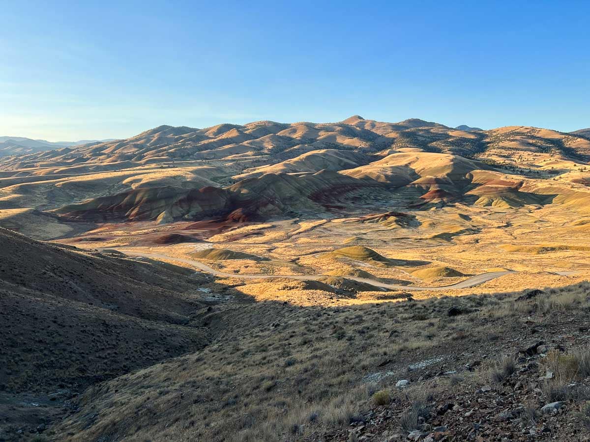 Carroll Rim Trail view of the Painted Hills at sunrise, John Day Fossil Beds National Monument