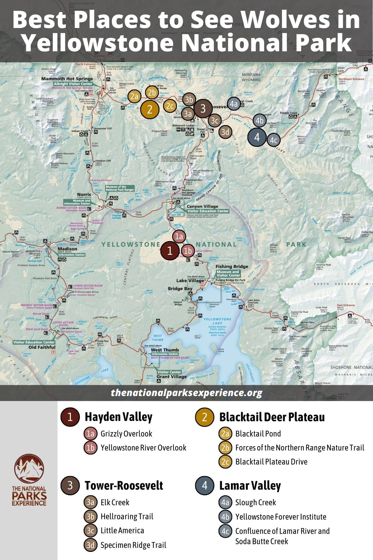 Map of the Best Places to See Wolves in Yellowstone National Park, Wyoming