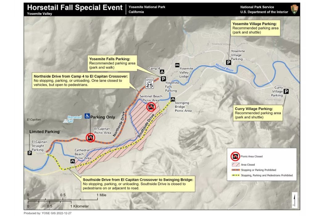 Yosemite Horsetail Falls Special Event Closure Map