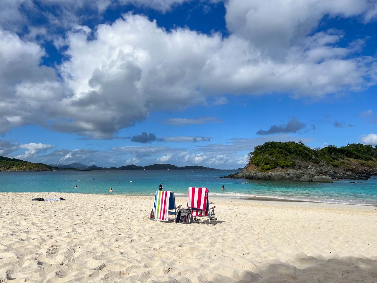 Beach chairs at Trunk Bay Beach, one of the most beautiful beaches in Virgin Islands National Park