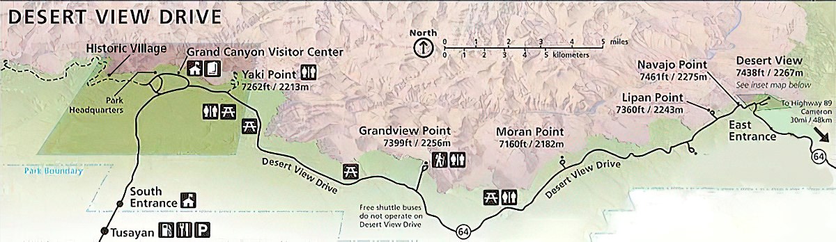 Desert View Drive views and landmarks map, Grand Canyon National Park - Image credit NPS