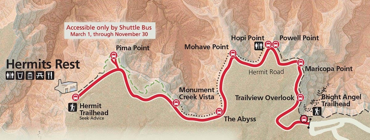 Hermit Road map with views, overlooks and attractions, Grand Canyon National Park - Image credit NPS