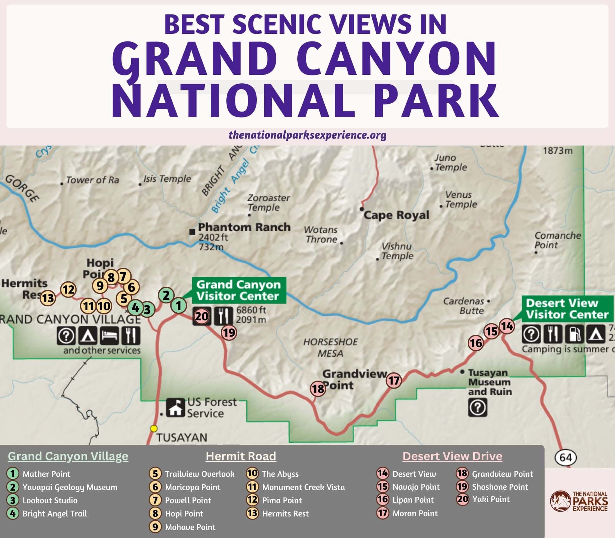 Map of the Best Scenic Views in Grand Canyon National Park (South Rim)