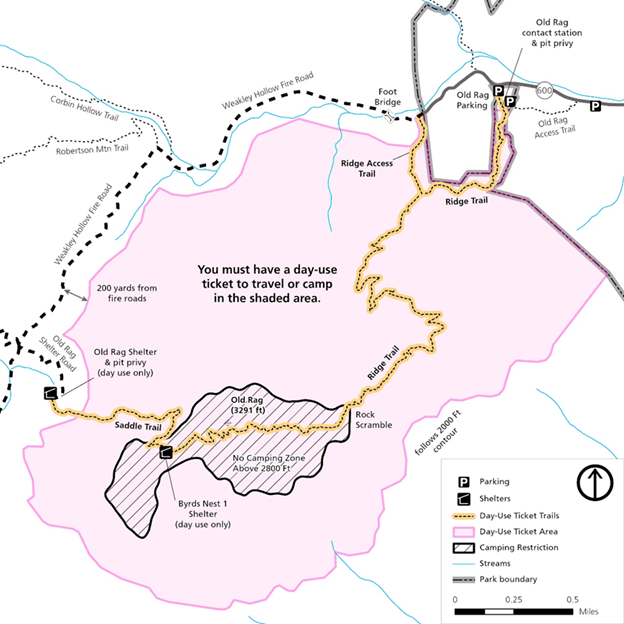 Map of the Day-Use Ticket Area at Old Rag Mountain in Shenandoah National Park - Image credit: NPS