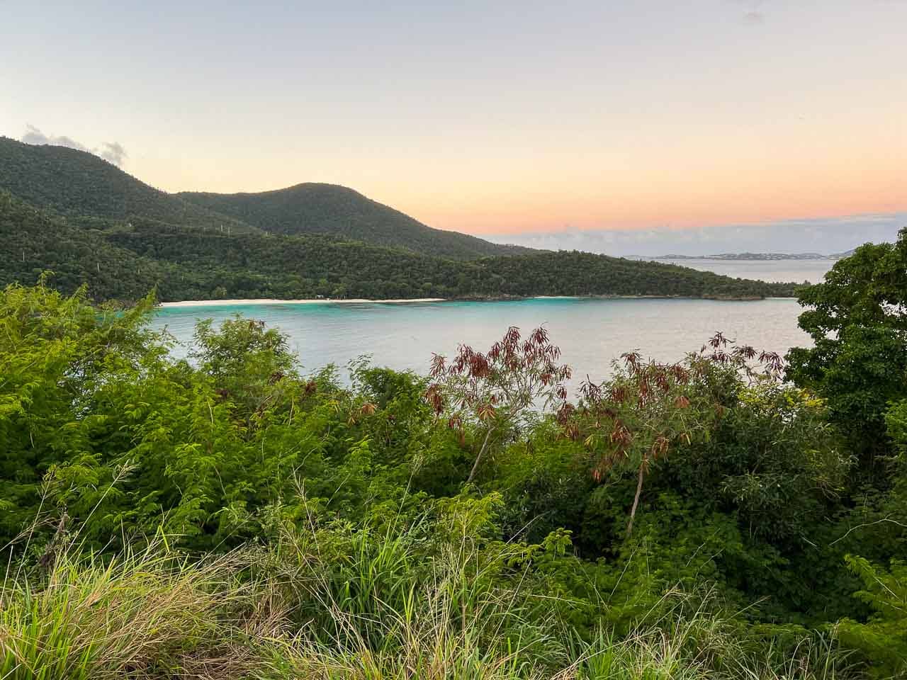 Sunrise view of Hawksnest Bay from Peace Hill in Virgin Islands National Park