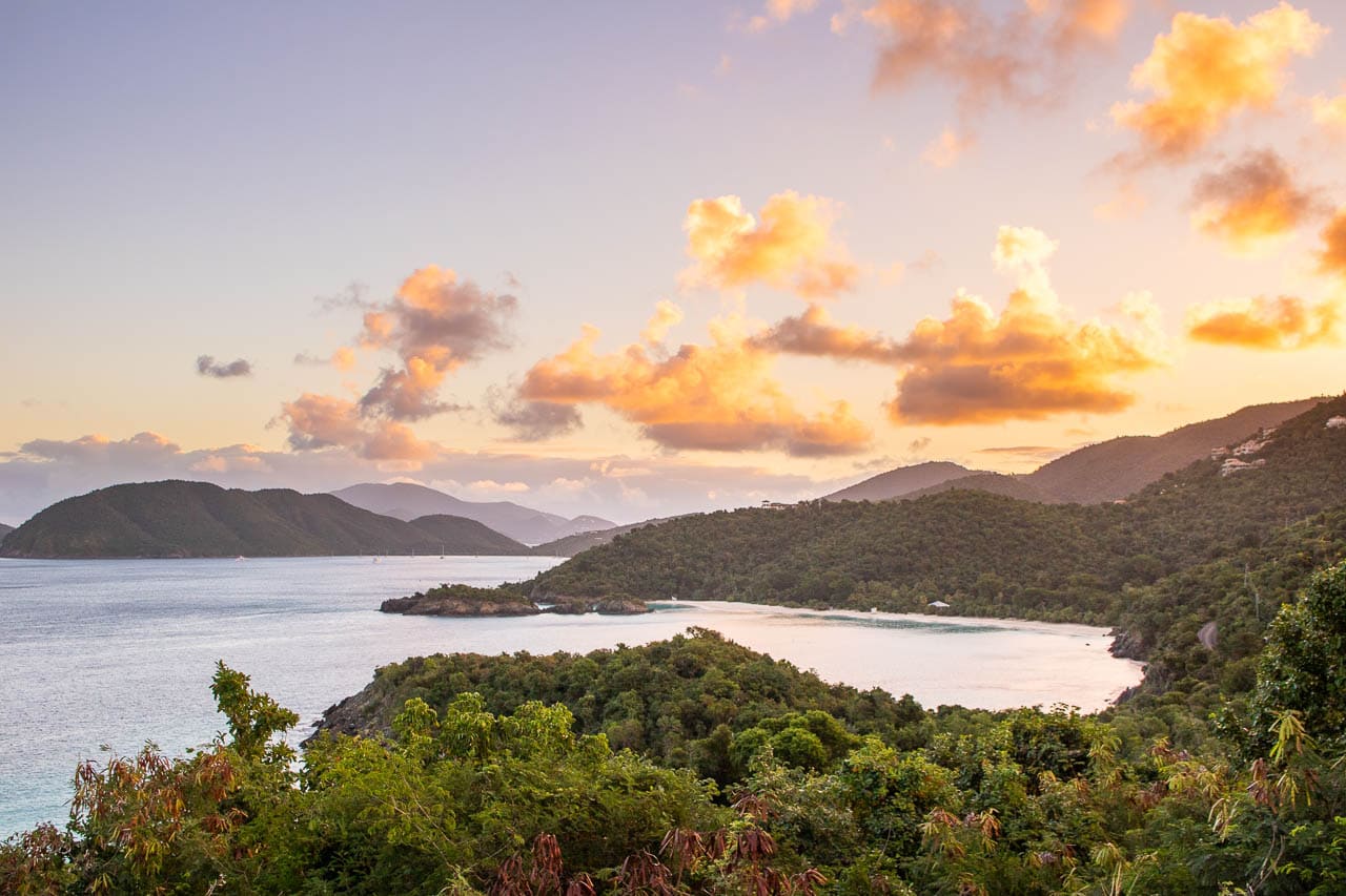 Sunrise view of Trunk Bay and Beach from Peace Hill in Virgin Islands National Park