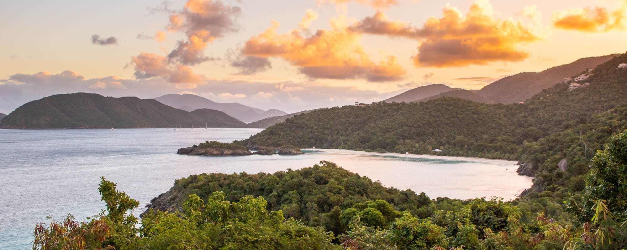 Sunrise view of Trunk Bay and Beach from Peace Hill in Virgin Islands National Park