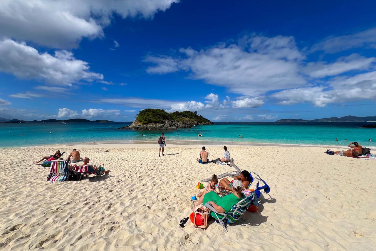 Visitors enjoying the beach and sunshine at Trunk Bay in Virgin Islands National Park