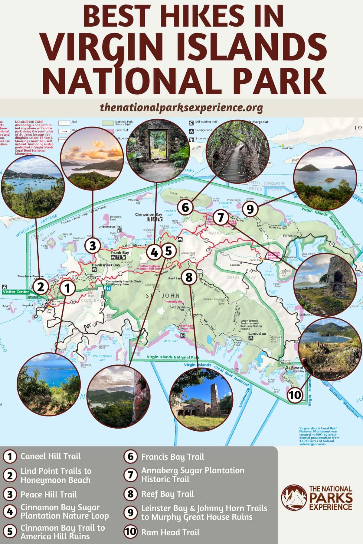 Map of the Best Hikes in Virgin Islands National Park