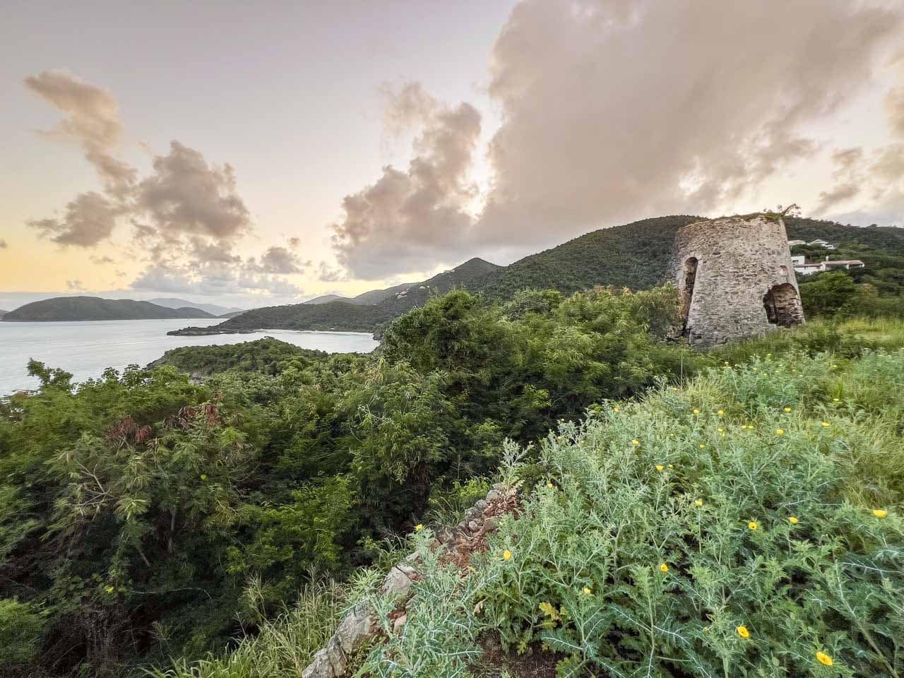 Peace Hill Windmill ruins with view of Trunk Bay, Virgin Islands National Park