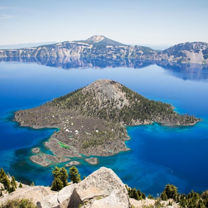 Watchman Peak view of Crater Lake and Wizard Island in Crater Lake National Park, Oregon