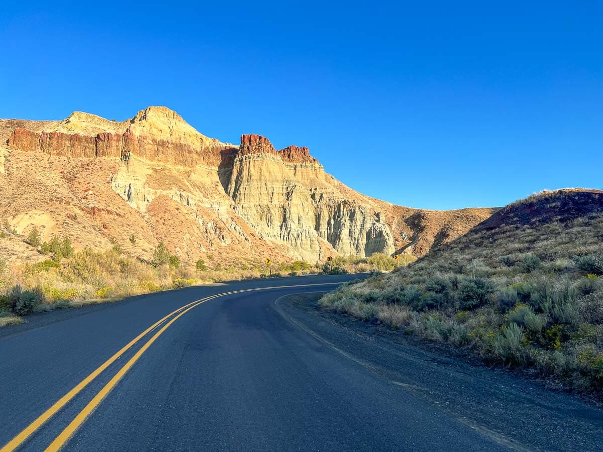 Cathedral Rock and road at the Sheep Rock Unit in John Day Fossil Beds National Monument