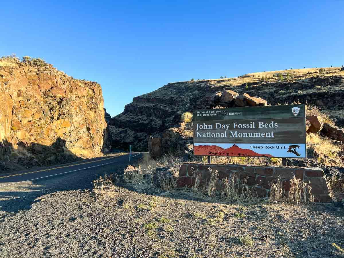 Sheep Rock Unit entrance sign in John Day Fossil Beds National Monument, Oregon