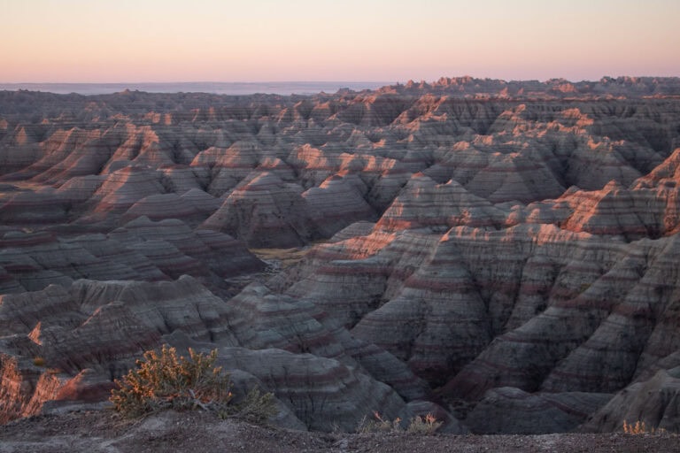 Big Badlands Overlook landscape at sunrise, Badlands National Park, South Dakota