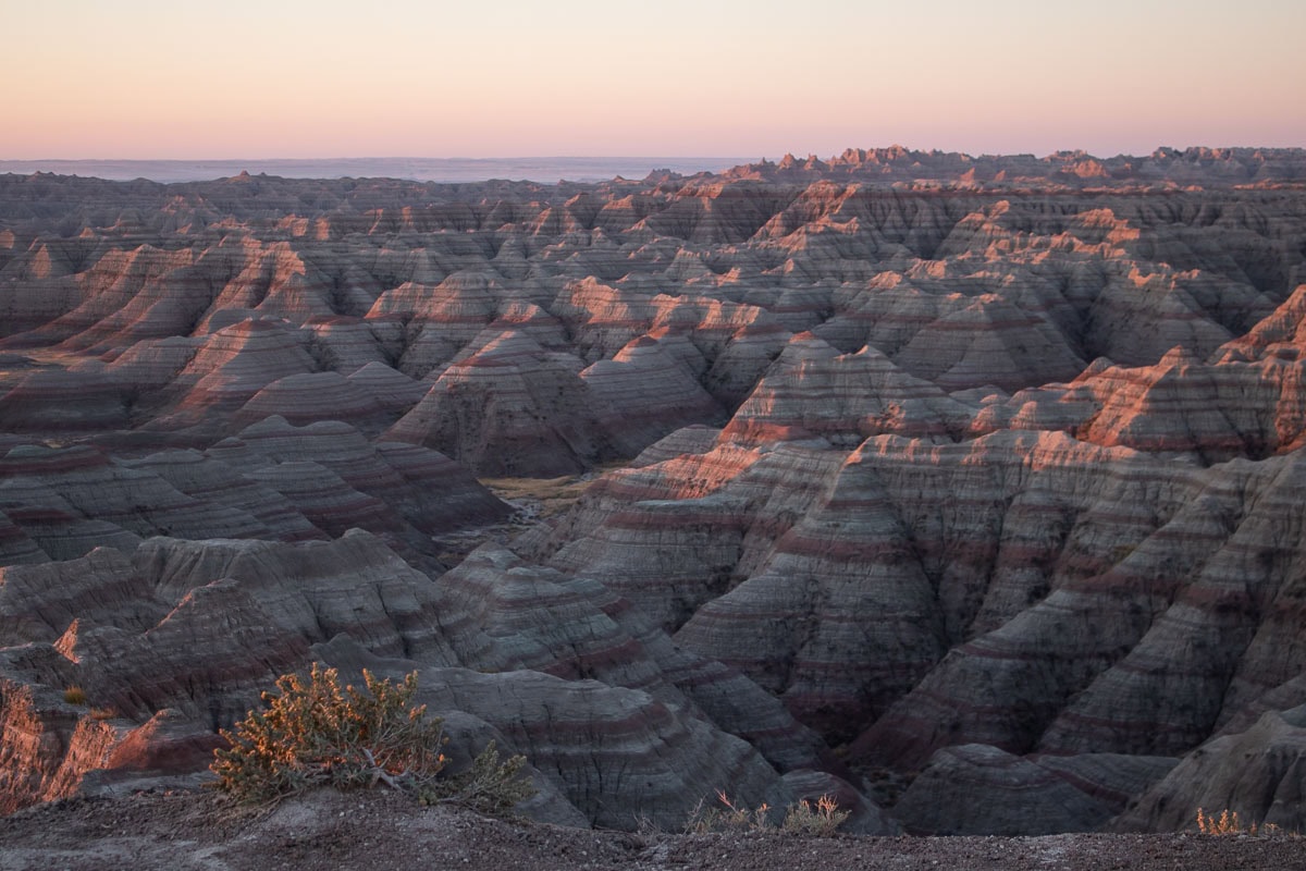 Big Badlands Overlook landscape at sunrise, Badlands National Park, South Dakota